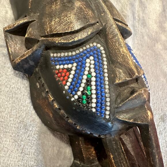 Wooden Mask Ghana Africa Ghanean Tribal Beaded Cheeks African Art Embossed Metal - Picture 6 of 11